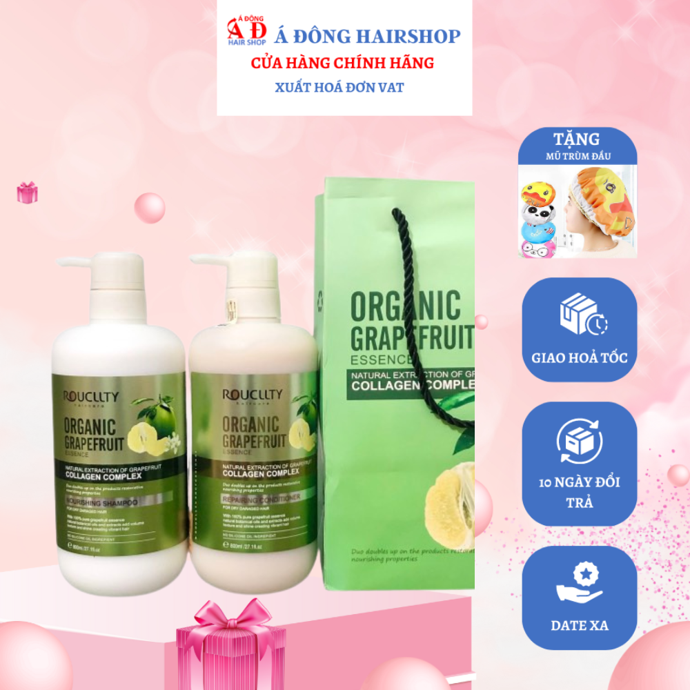 [+Tặng mũ trùm] BỘ DẦU GỘI XẢ BƯỞI ROUCLLTY ORGANIC GRAPEFRUIT COLLAGEN CHỐNG RỤNG MỀM MƯỢT 800ML*2