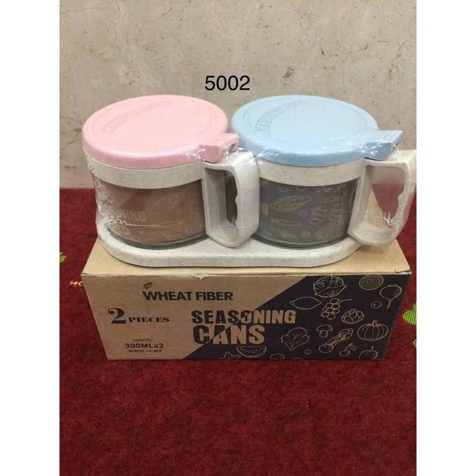Bộ 2 hũ đựng gia vị thủy tinh Seasoning cao cấp có khay
