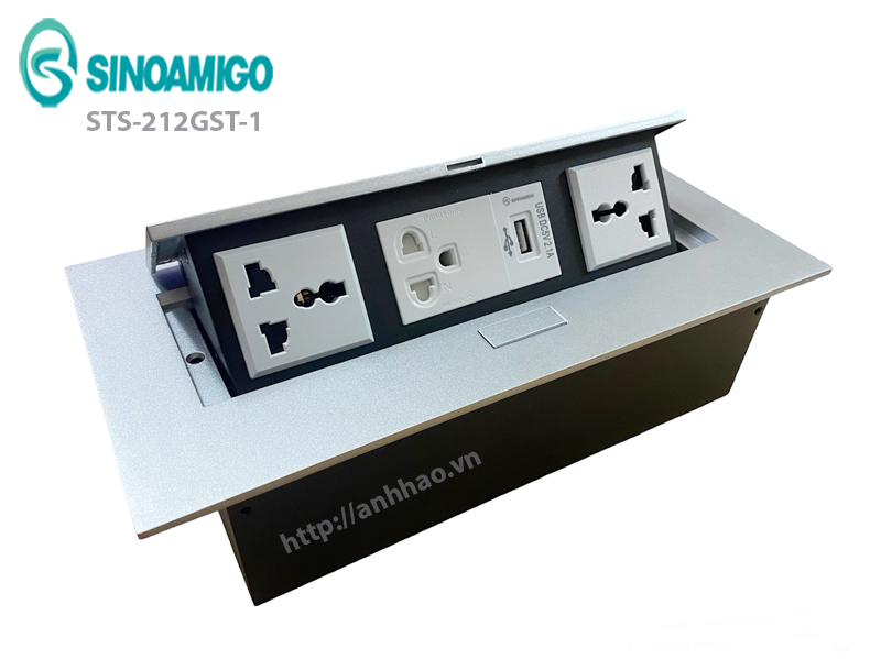 Ổ điện âm bàn họp Sinoamigo STS-212GST-1. Chất liệu hợp kim màu bạc. Tích hợp 3 ổ điện, 1 USB sạc 5V-2.1A - Hàng chính hãng