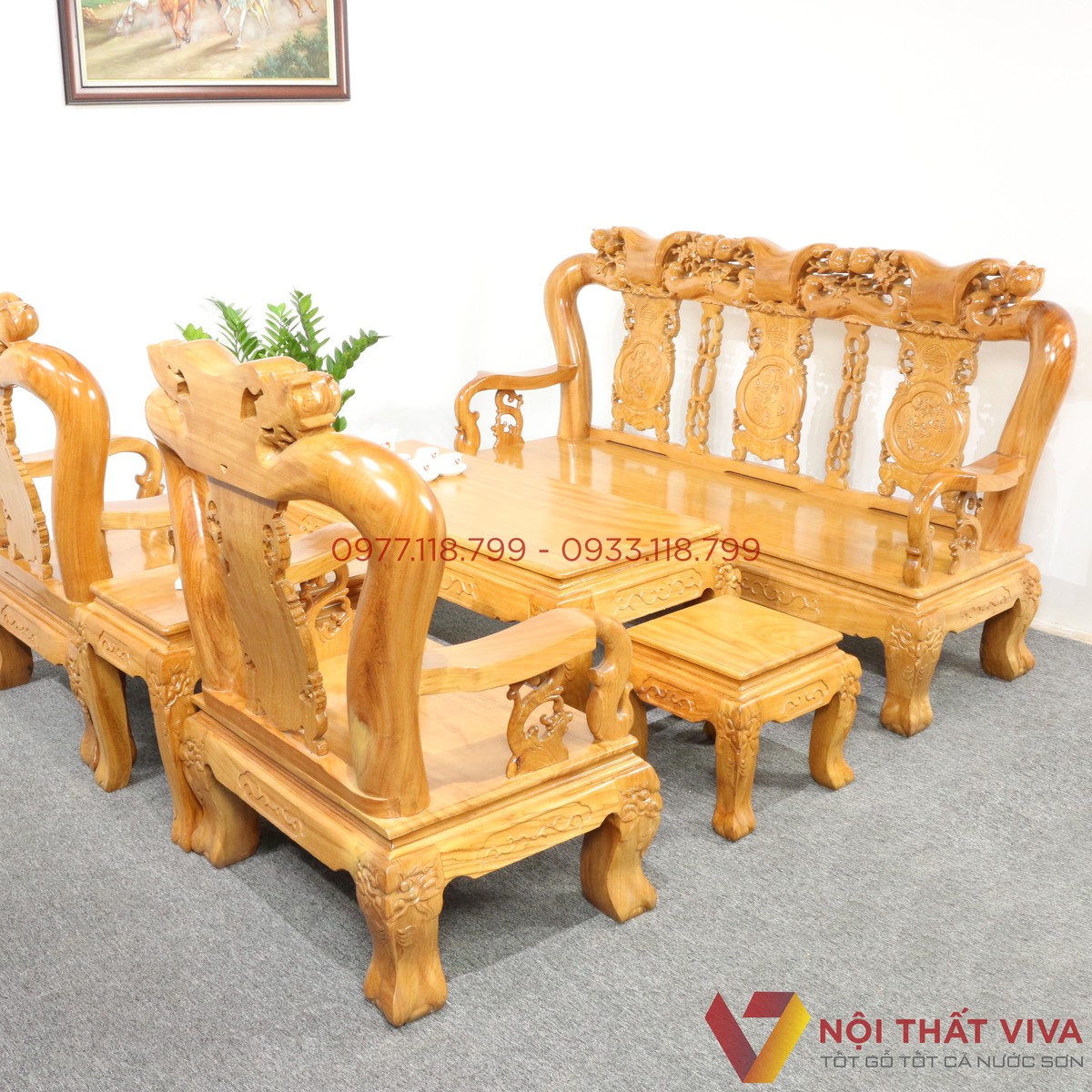 Bộ Bàn Ghế Salon Gỗ Gõ Đỏ Chân Rồng Chạm Đào Tay 12 6 Món