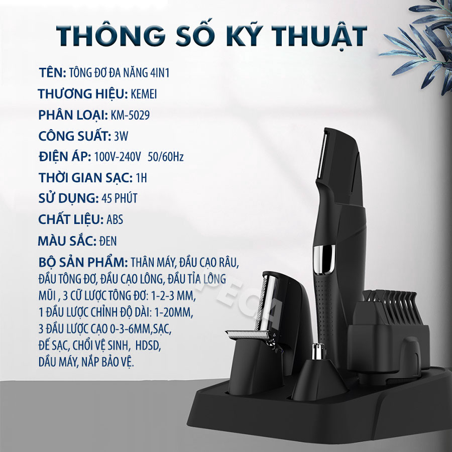 Tông đơ đa năng Kemei KM-5029 chống thấm nước IPX6 4 đầu cắt thay thế dùng cắt tóc cạo râu tỉa lông mũi cạo đầu cạo lông, tỉa chân mày,... sạc nhanh có đế sạc chuyên nghiệp