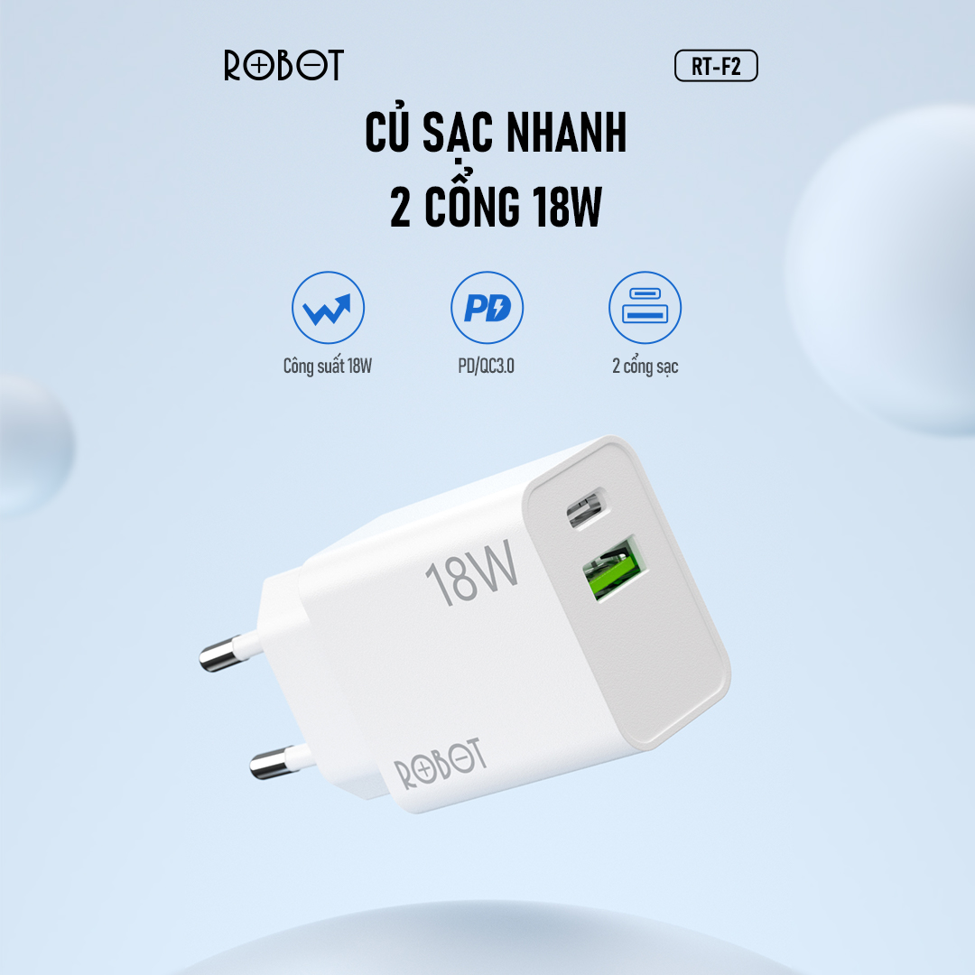 Cốc Sạc Nhanh ROBOT 18W 2 Cổng USB-A Type-C RT-F2 Hỗ Trợ Sạc 2 Thiết Bị Cùng Lúc Dòng Hàng Chính Hãng