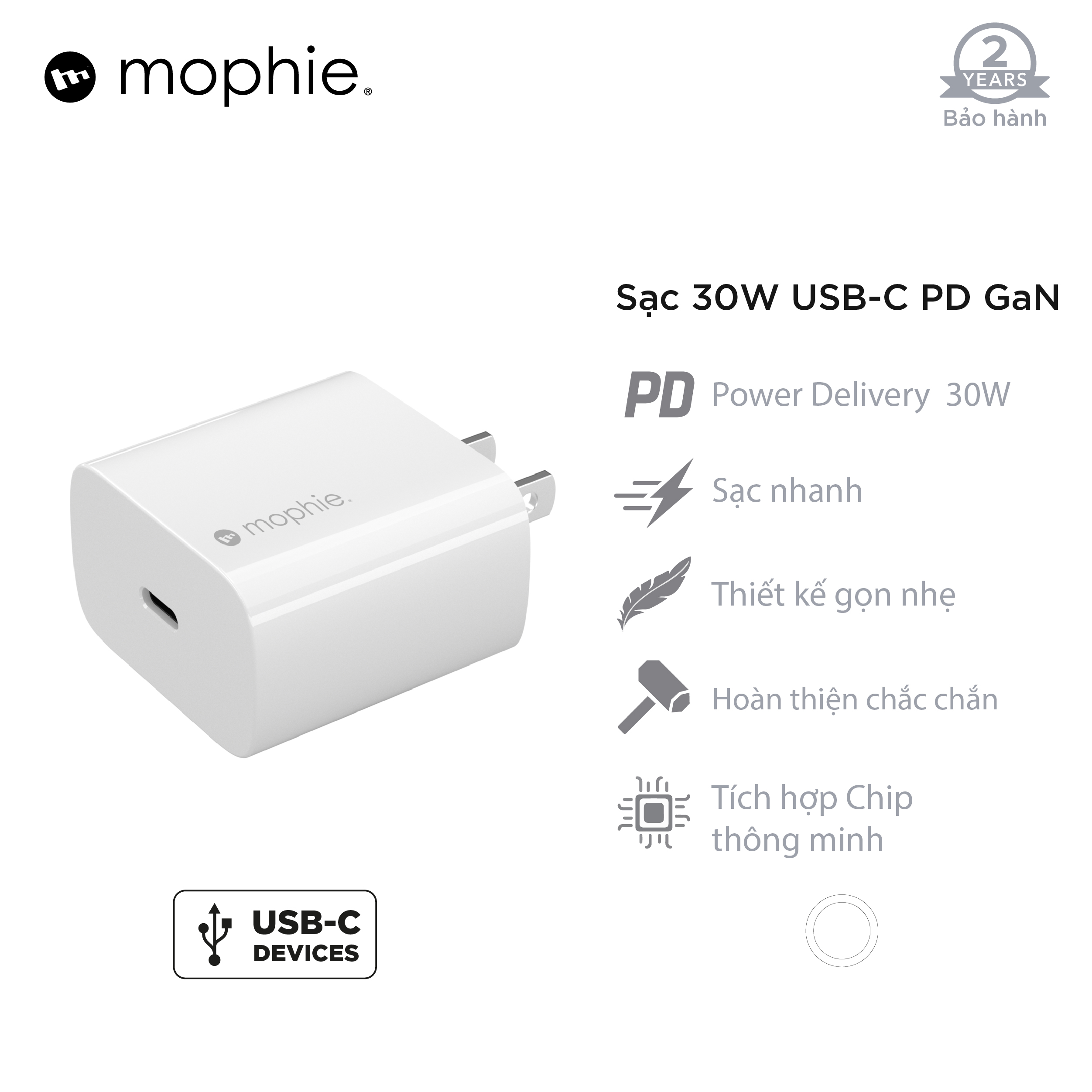 Sạc nhanh Mophie Power Delivery 30W USB-C GaN - Hàng chính hãng