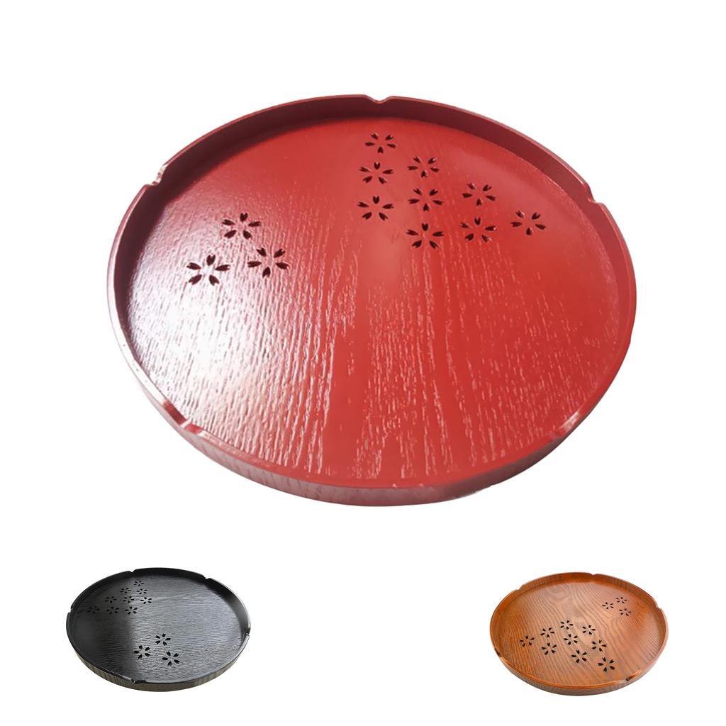 Wooden Serving Tray Pizza Tea Food Platter Home Fruit Plate Round Red 30cm