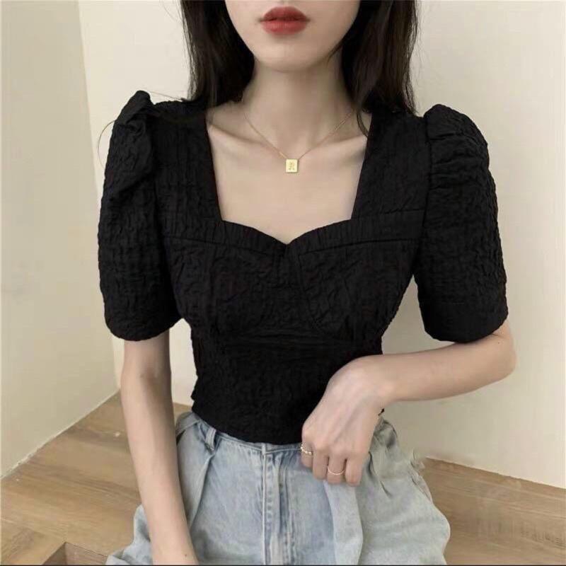 Áo xốp chun Áo croptop cổ vuông tay phồng Lovi