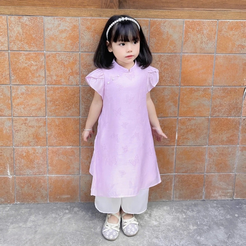 Set Bộ Quần Áo Dài Họa Tiết Hồ Điệp Tay Ngắn Phồng Cho Bé Gái 1-8 Tuổi Dành Cho Bé Gái