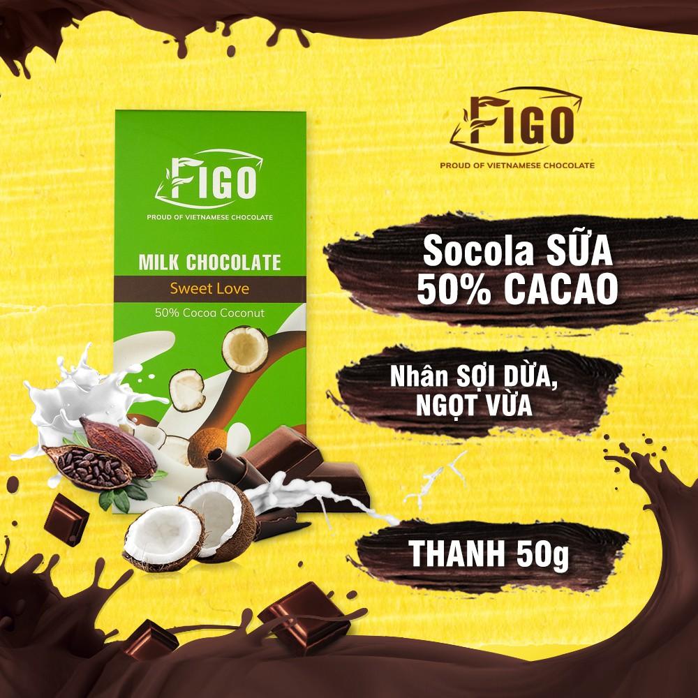 Kẹo socola sữa có Hạt điều, hạt cacao, dừa, hạnh nhân, phô mai 50% cacao Figo 50g