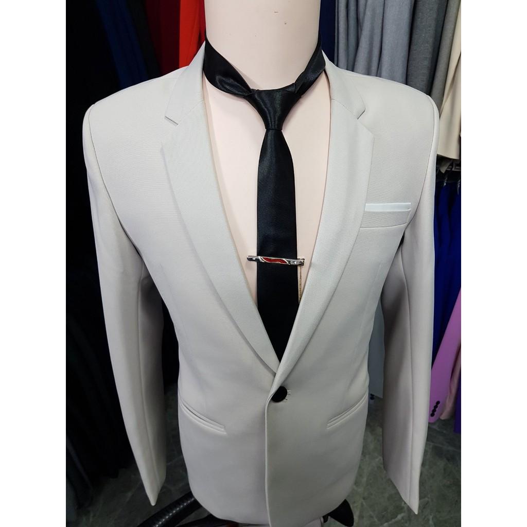 Bộ vest nam ôm body màu nude chất vải dày mịn co giãn tặng cà vạt kẹp
