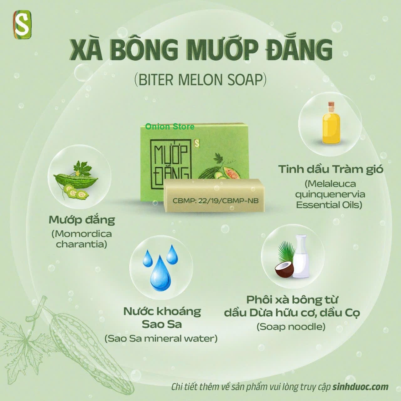 Xà bông Sinh Dược Mướp đắng, xà bông cục handmade 100gr, mẫu bao bì vẽ mộc, mùi tràm nhẹ, làm sạch diệt khuẩn hiệu quả, Mướp đắng theo YHCT có tính mát cho da