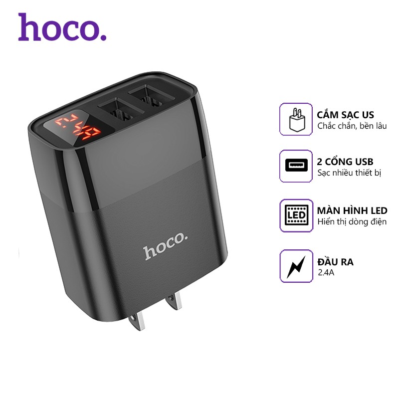 Cóc Sạc Nhanh Hoco C86 2.4A 2 Cổng Usb Màn Hình Led - Hàng Chính Hãng