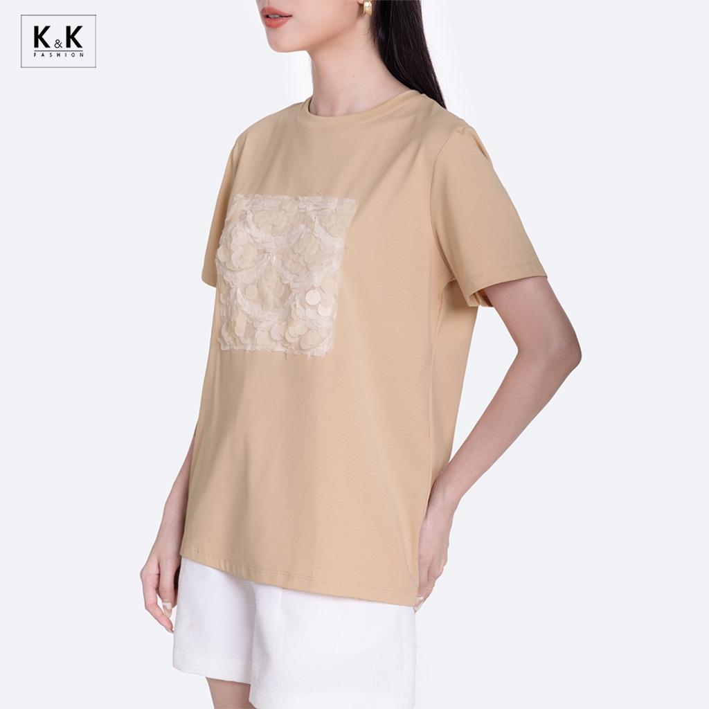 Áo Thun Màu Be Tay Ngắn Phối Kim Sa K&amp;K Fashion ASM11-17 Chất Liệu Thun Borip