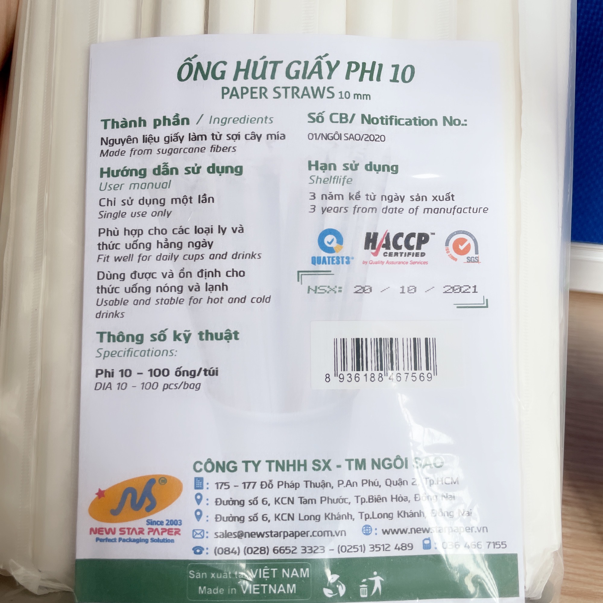 Phi 10 - Túi 100 ống hút giấy làm từ sợi mía có bao gói