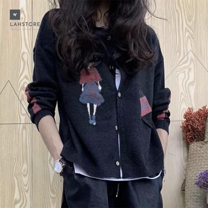 Áo khoác cardigan len nữ thêu hình cô gái LAHSTORE. Phong cách Hàn Quốc thu đông 2021