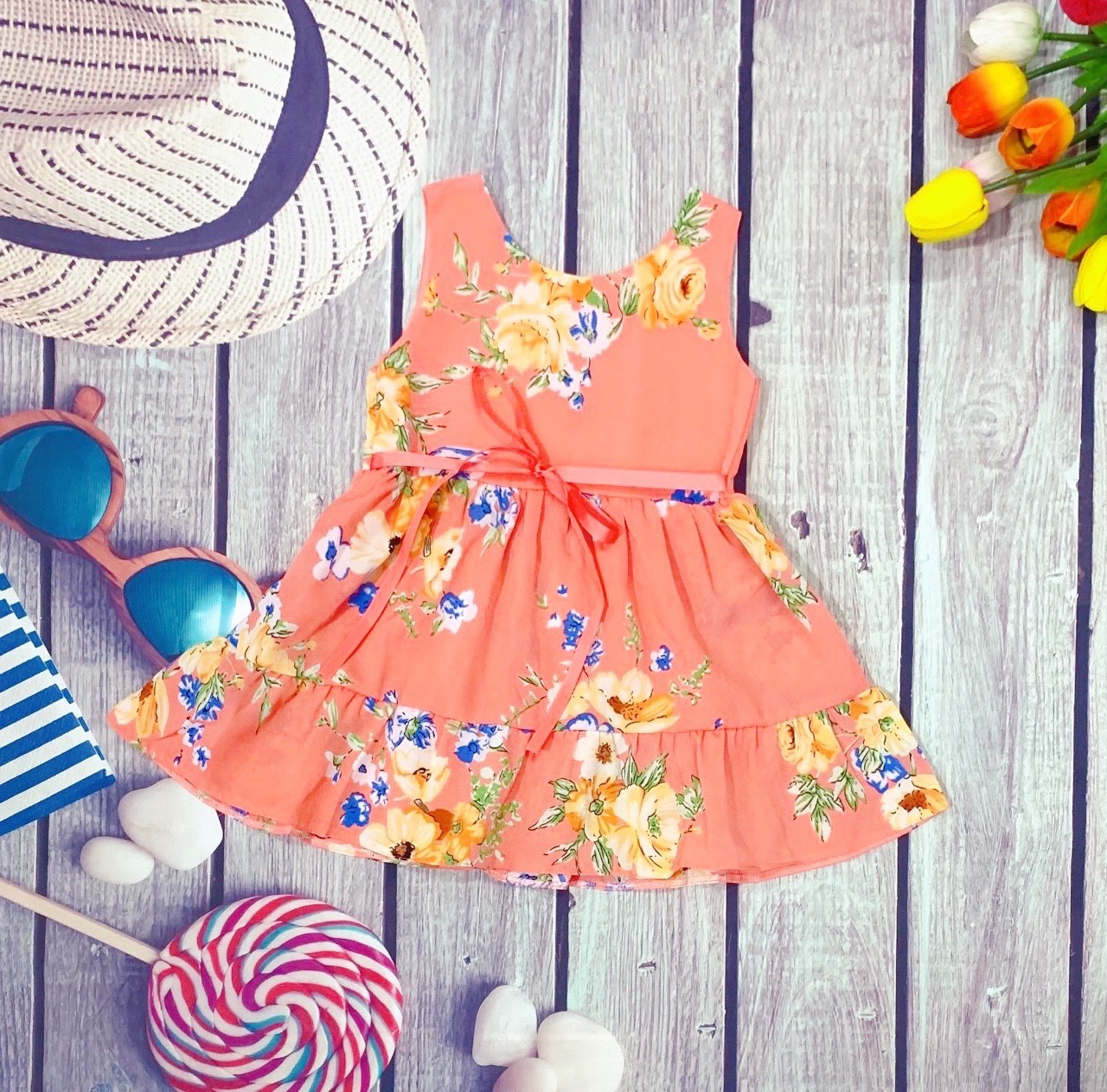 Đầm Váy Bé Gái Size 7-23Kg, 5 Tháng Đến 6 Tuổi Hoa Cam,Kết 3 Nơ, Thiết Kế