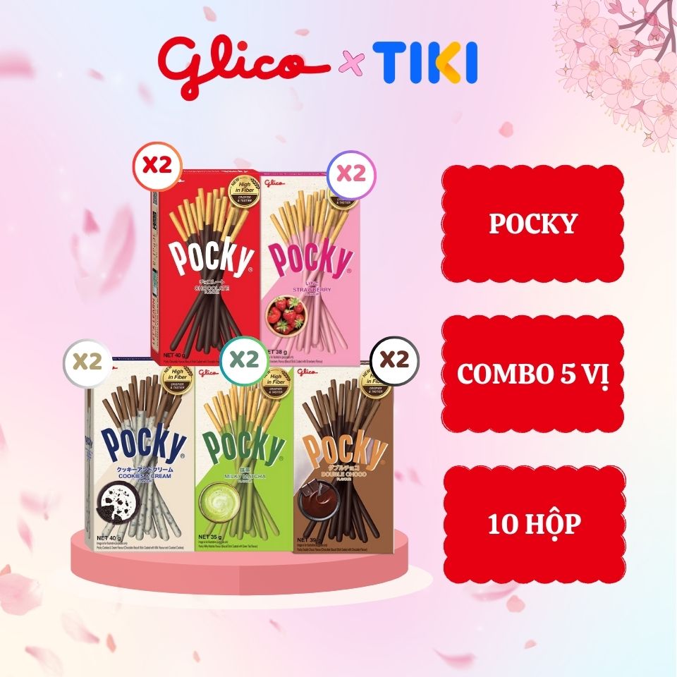 Bánh que phủ kem nhiều vị GLICO Pocky (Combo 10 hộp - 2 socola 2 dâu 2 cookie 2 matcha 2 double choco)