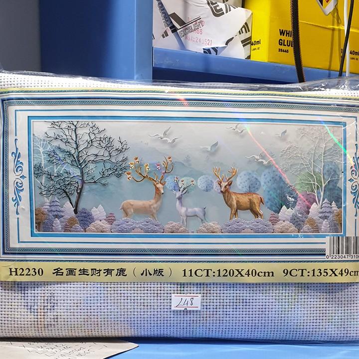 Tranh thêu hươu nai tài lộc H2230 - kích thước: 120 * 40cm.