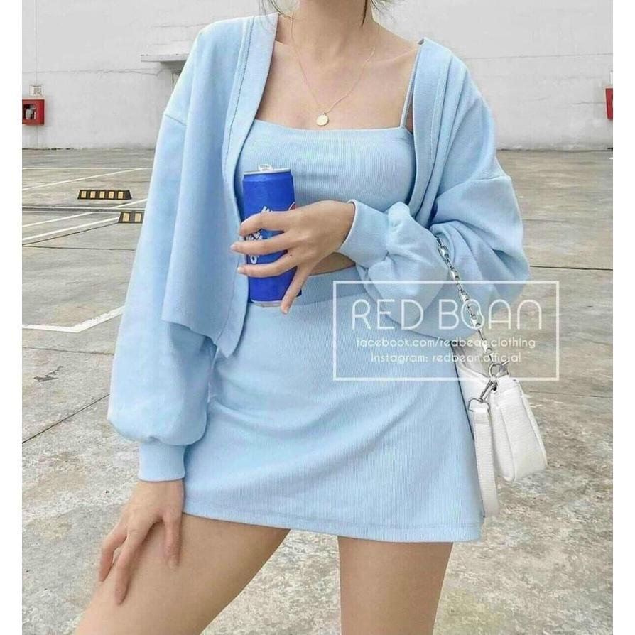 SET THUN ULZZANG 3 MÓN CÁ TÍNH CHÂN VÁY CHỮ A, ÁO ỐNG CROPTOP KÈM KHOÁC NGOÀI CÀI NÚT, DK-0048