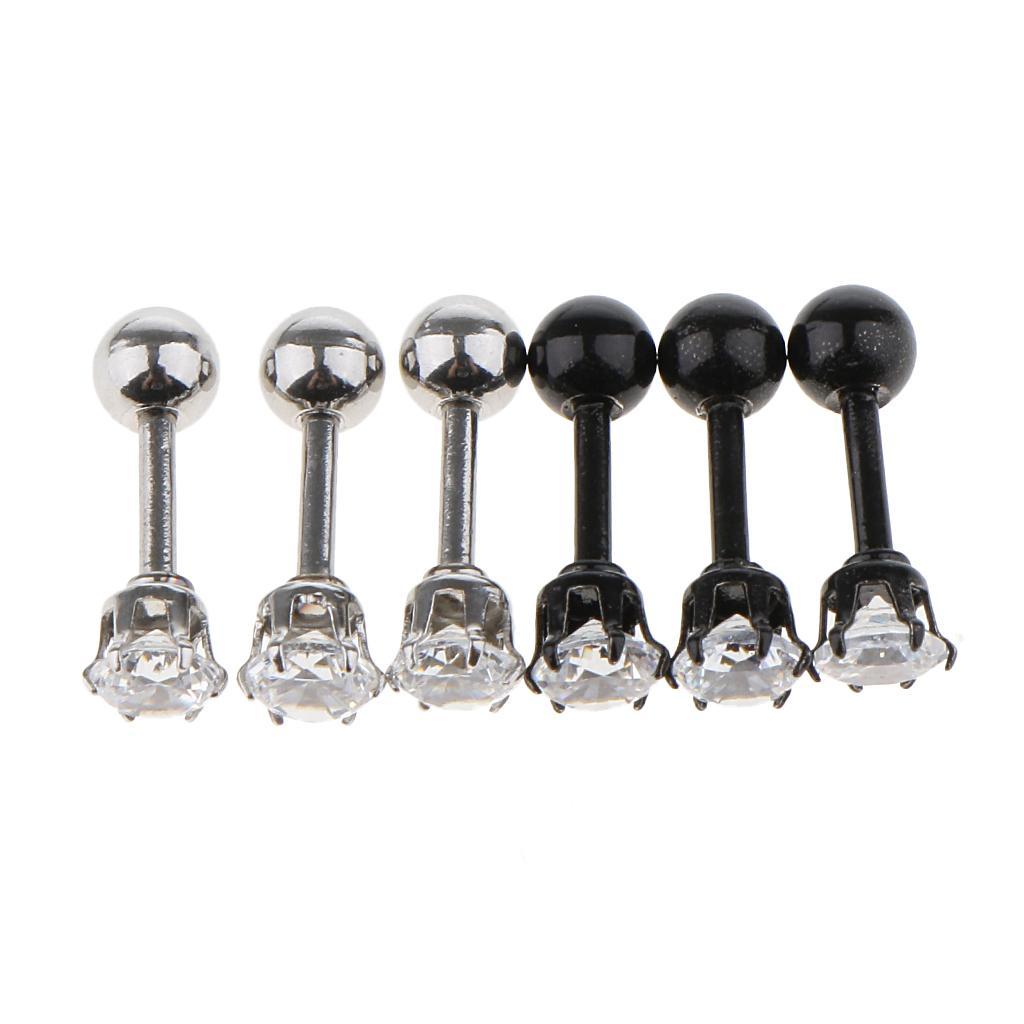 6 Pieces Black Silver Crystal Stainless Steel Ear Navel Belly Stud
