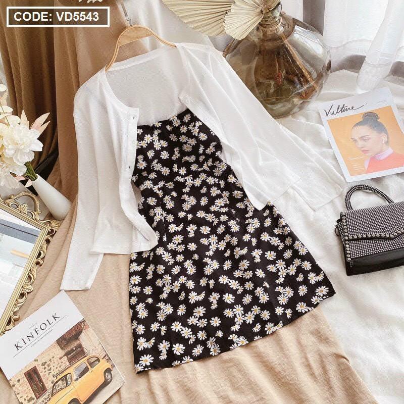 Set đầm 2 dây hoa đen kết hợp khoác trắng - VD5543