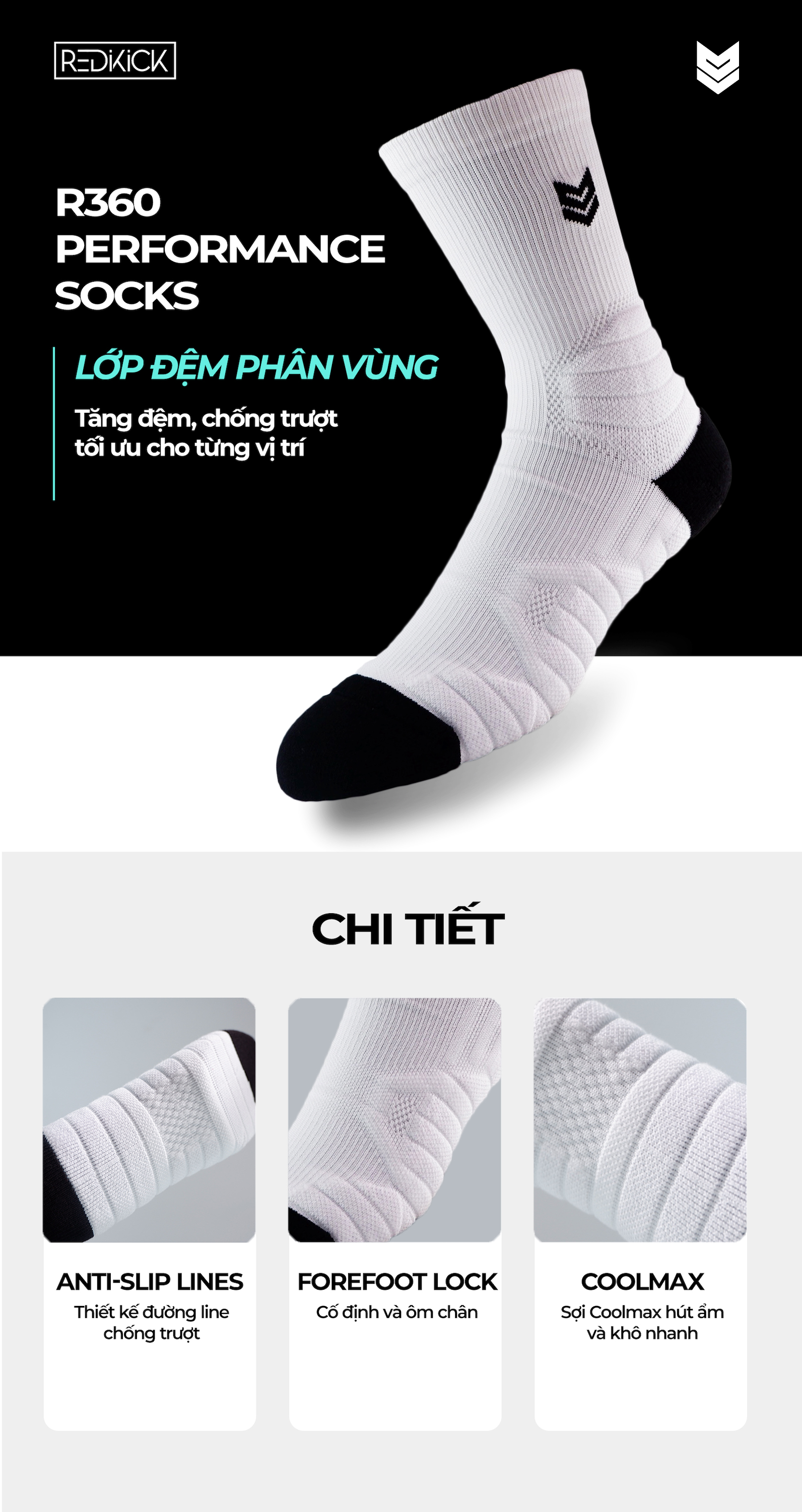 Tất Thể Thao Redikick Cổ cao R360 Sợi Coolmax Cotton Cao cấp vớ Nam Nữ Vớ có đệm, Chống Trượt, Thoáng Khí, Chống hôi chân phù hợp chơi Bóng Rổ Bóng đá Bóng Chuyền Tennis Chạy Bộ Đá banh -Hàng Chính Hãng