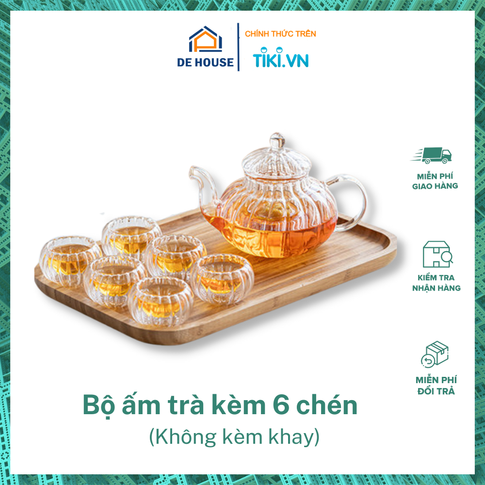 Bộ Ấm Trà 600ml Kèm 6 Chén Thuỷ Tinh Và Đế Nến - Bộ Ấm Chén Pha Trà Thuỷ Tinh Chịu Nhiệt Có Lõi Lọc