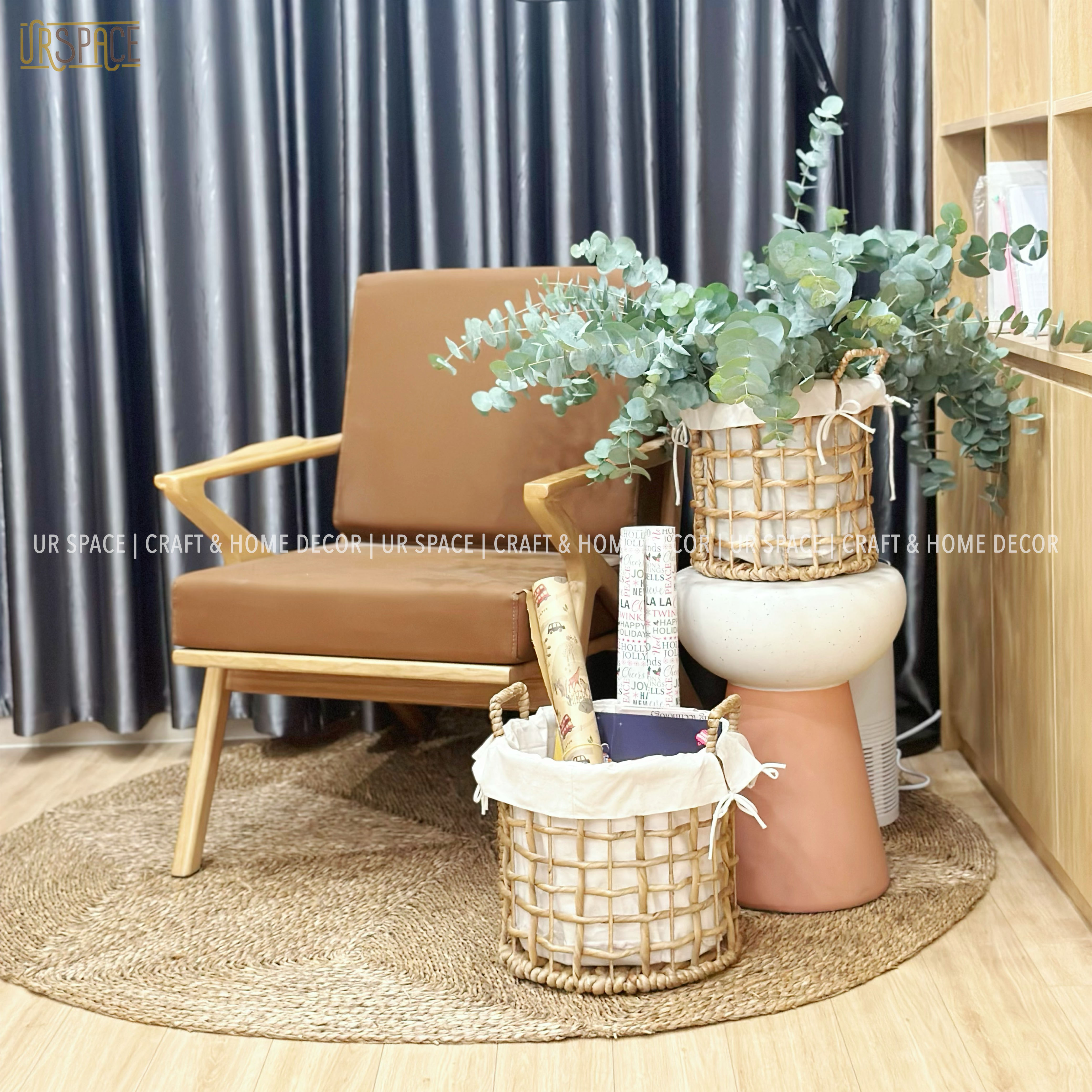 Giỏ lục bình URSPACE trồng cây decor trang trí, đựng quần áo giặt hình tròn có quai cầm / ROUND HYACINTH BASKET