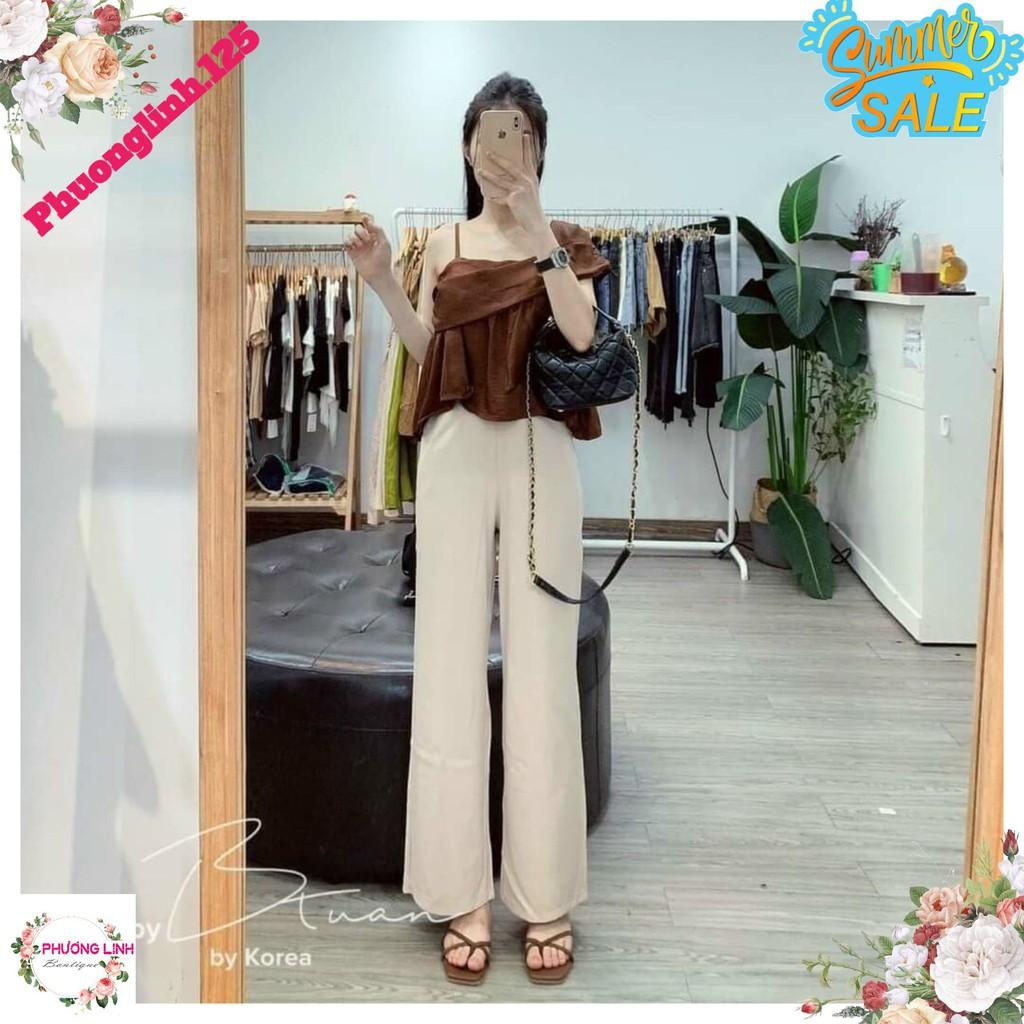SET BỘ ÁO NÂU DÂY LỆCH VAI+ QUẦN BE