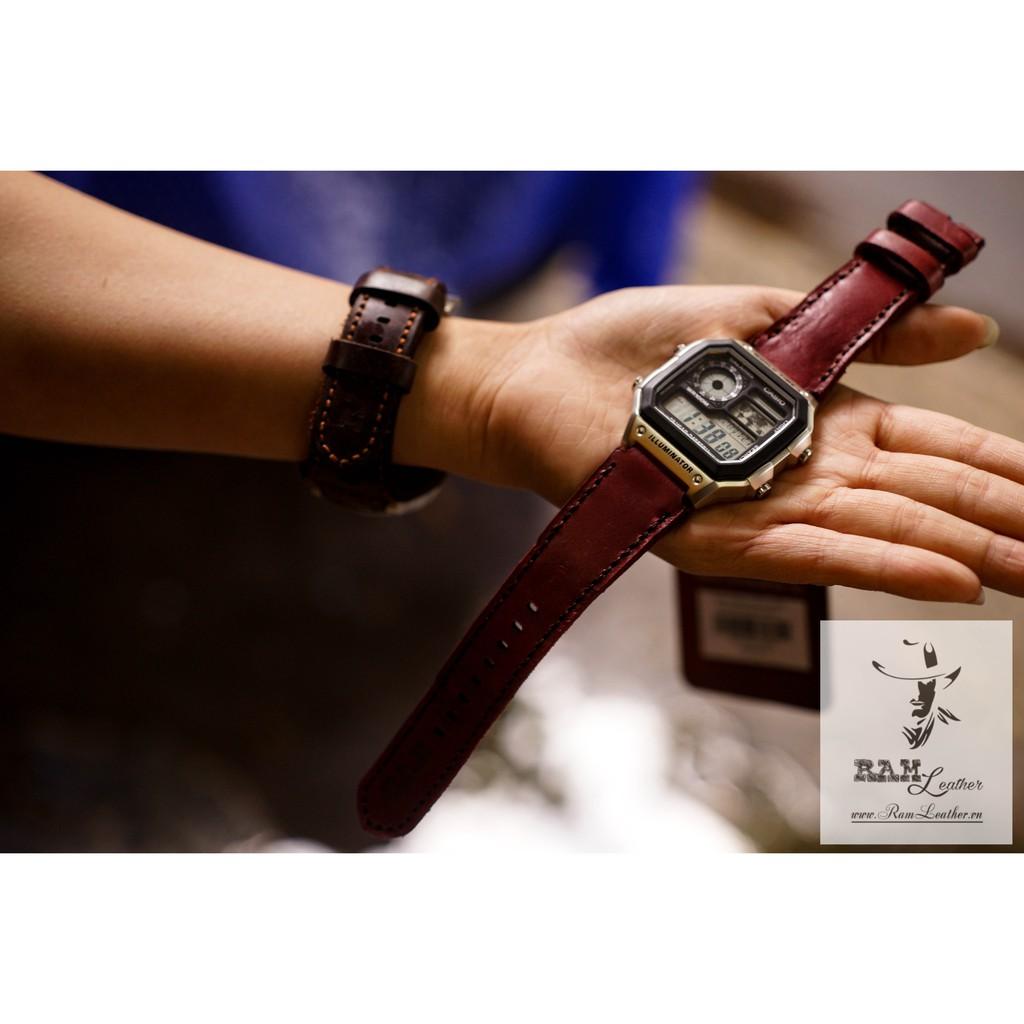 DÂY ĐỒNG HỒ DA BÒ ĐỎ ĐÔ - RAM CLASSIC 1982 BURGUNDY -ĐỦ SIZE 18,20,22 DÀNH CHO CASIO,APPLE WATCH .