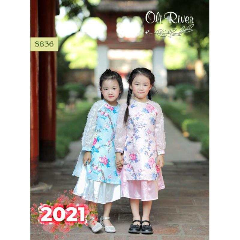 Áo dài bé gái tay ren bồng kèm nơ đầu size 1-10 cho bé từ 10-35kg. Tôn dáng, siêu xinh