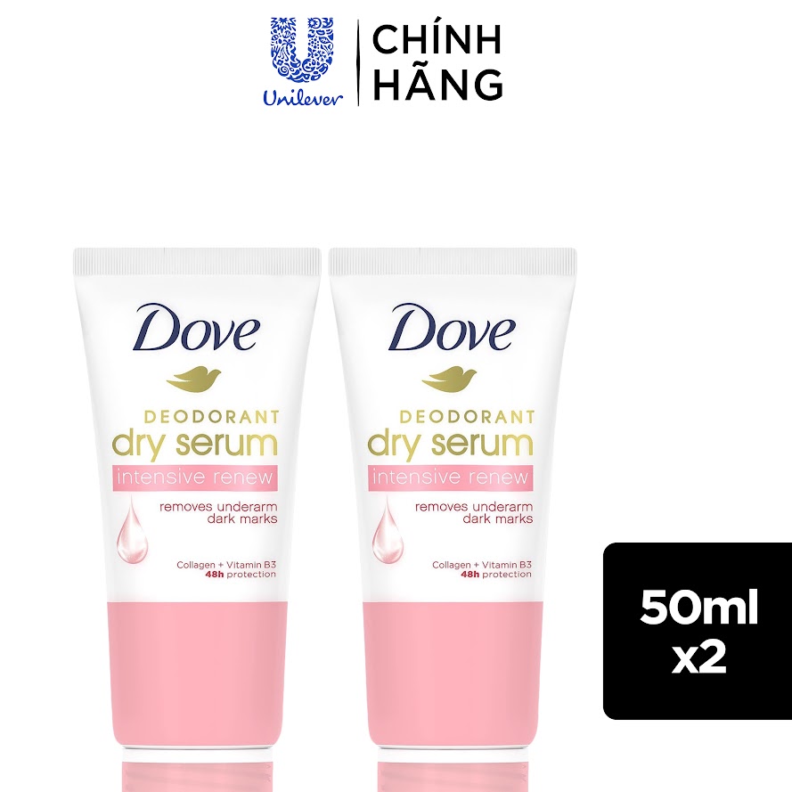 Combo 2 Kem khử mùi Dove tinh chất serum dành cho nữ với Collagen &amp; Vitamin B3 dưỡng da sáng mịn &amp; đều màu, 50ml