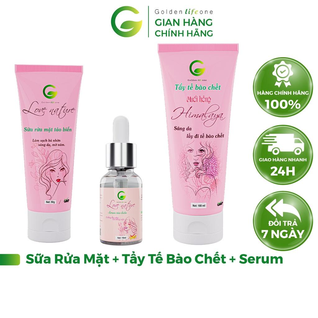 Combo Sữa Rửa Mặt Love Nature 50ML + Tẩy Tế Bào Chết Love Nature 100ML + Serum Tảo Biển Love Nature 15ML GOLDEN LIFE ONE