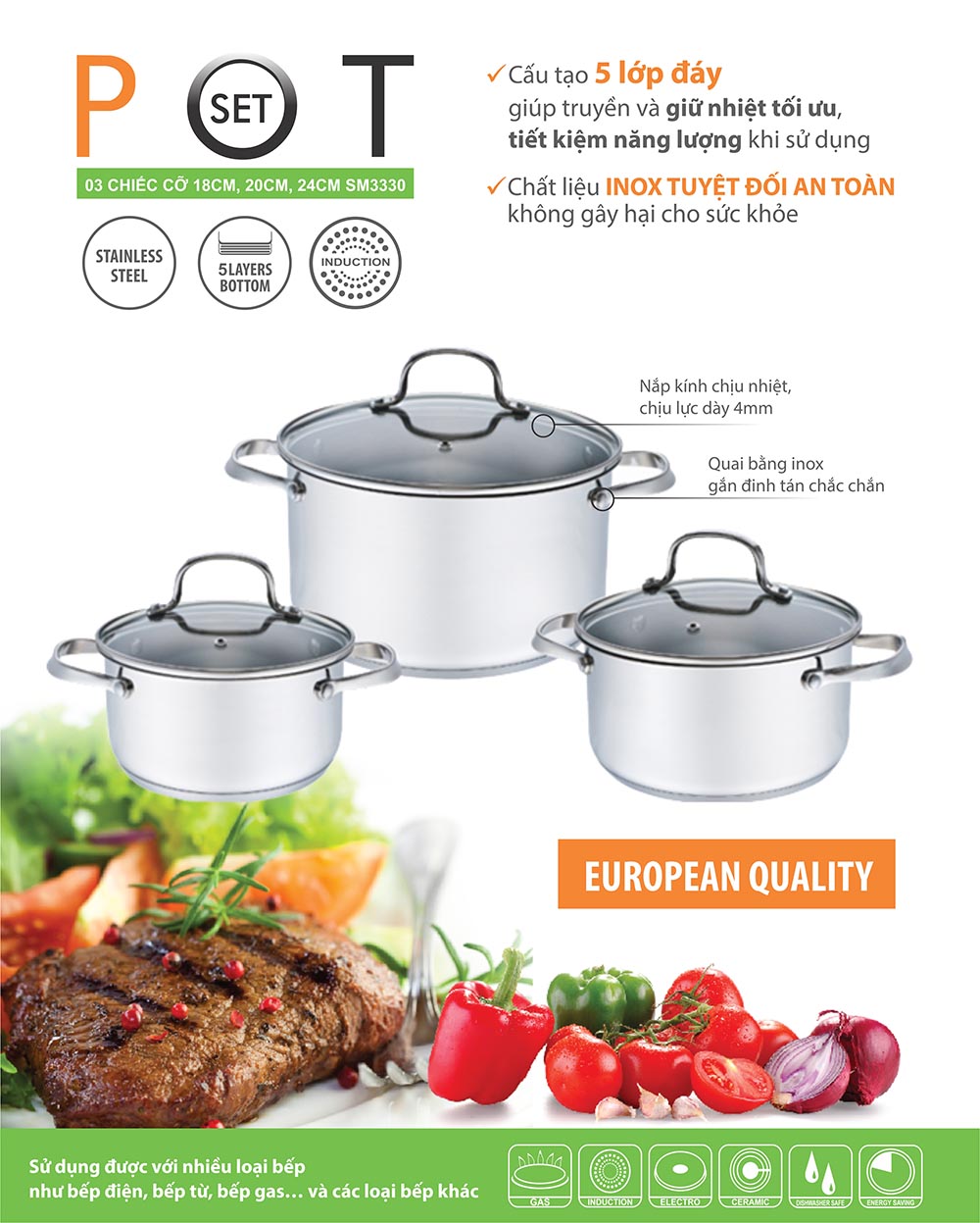 Bộ 3 nồi 18,20 và 24cm Inox 304 Elmich Smartcook SM3330 dùng bếp từ, Xuất xứ CH Séc Châu Âu, bảo hành 24 tháng