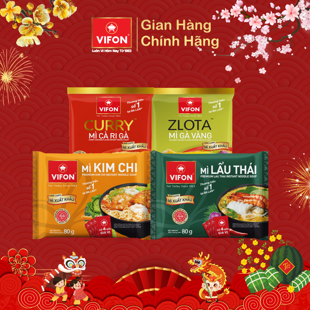 Combo 10 gói mì xuất khẩu Gà vàng/ Cà ri/ Lẩu thái / Kim chi VIFON