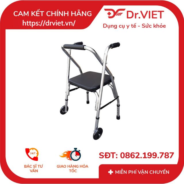 Khung tập đi có ghế ngồi Lucass W-9 dùng cho các bệnh nhân phục hồi chức năng đi lại do tai nạn, tai biến, người già ốm đi không vững