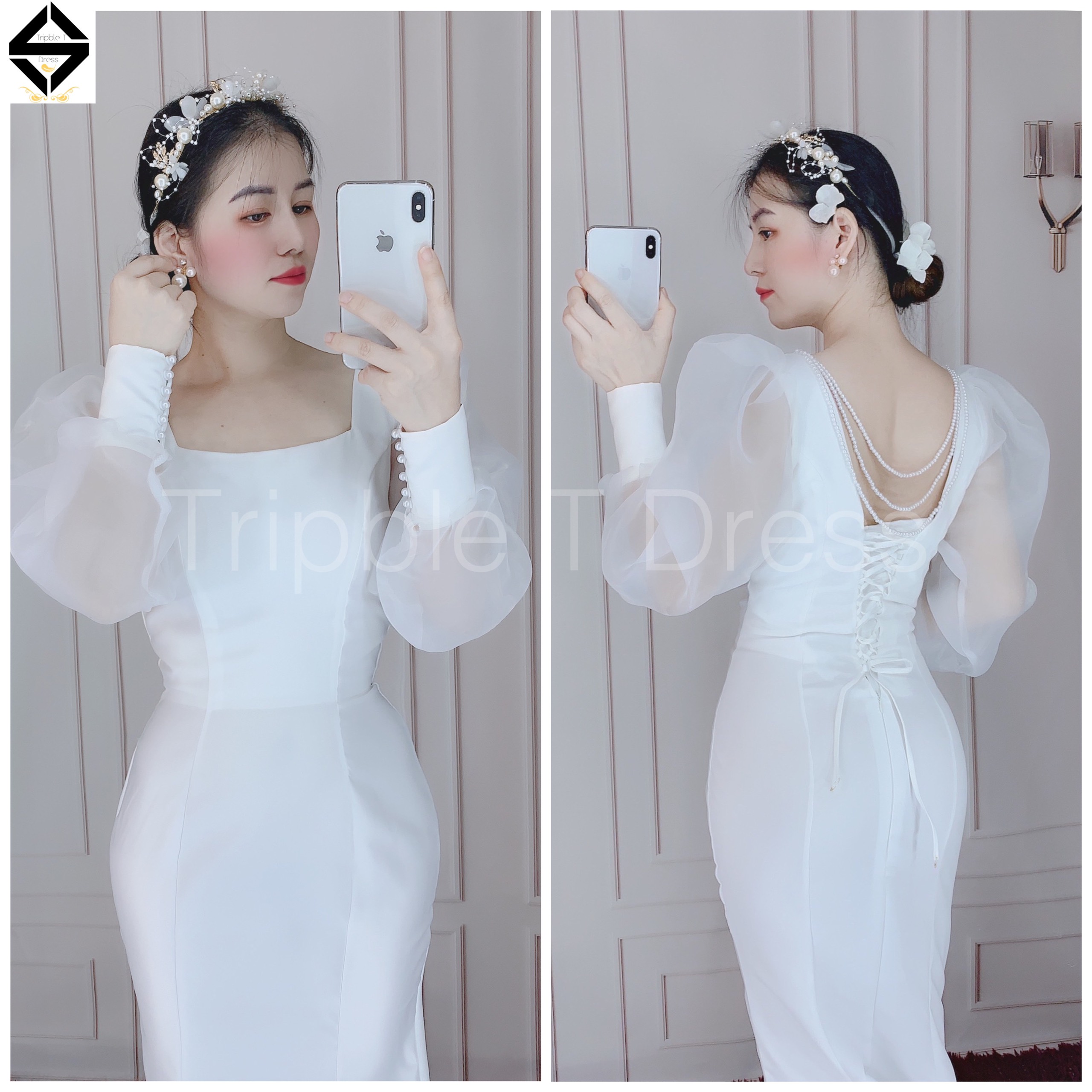 Đầm maxi body đuôi cá mặc cưới tay dài phồng TRIPBLE T DRESS - size S/M/L -MS166Y