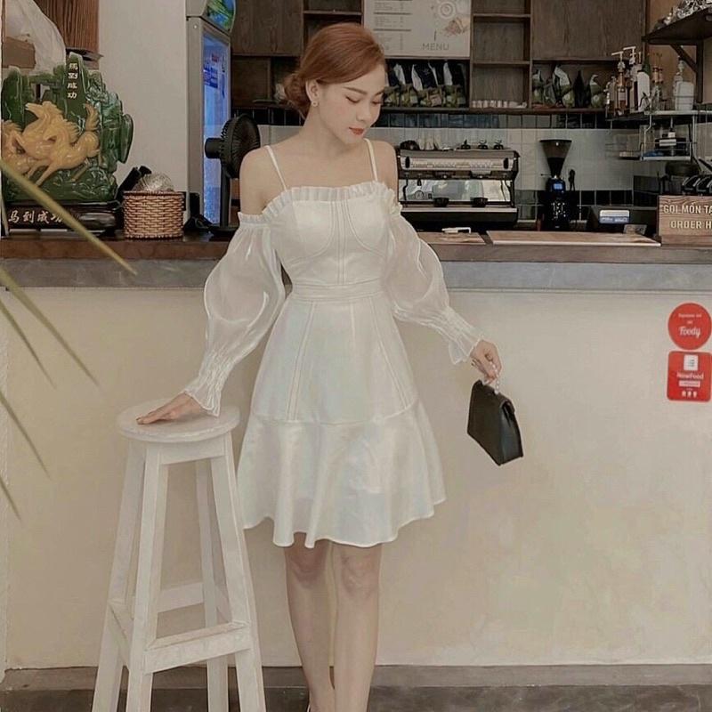 Đầm Rớt Vai Tay Kiếng Váy Cup Ngực Tay Dài Siêu Xinhh