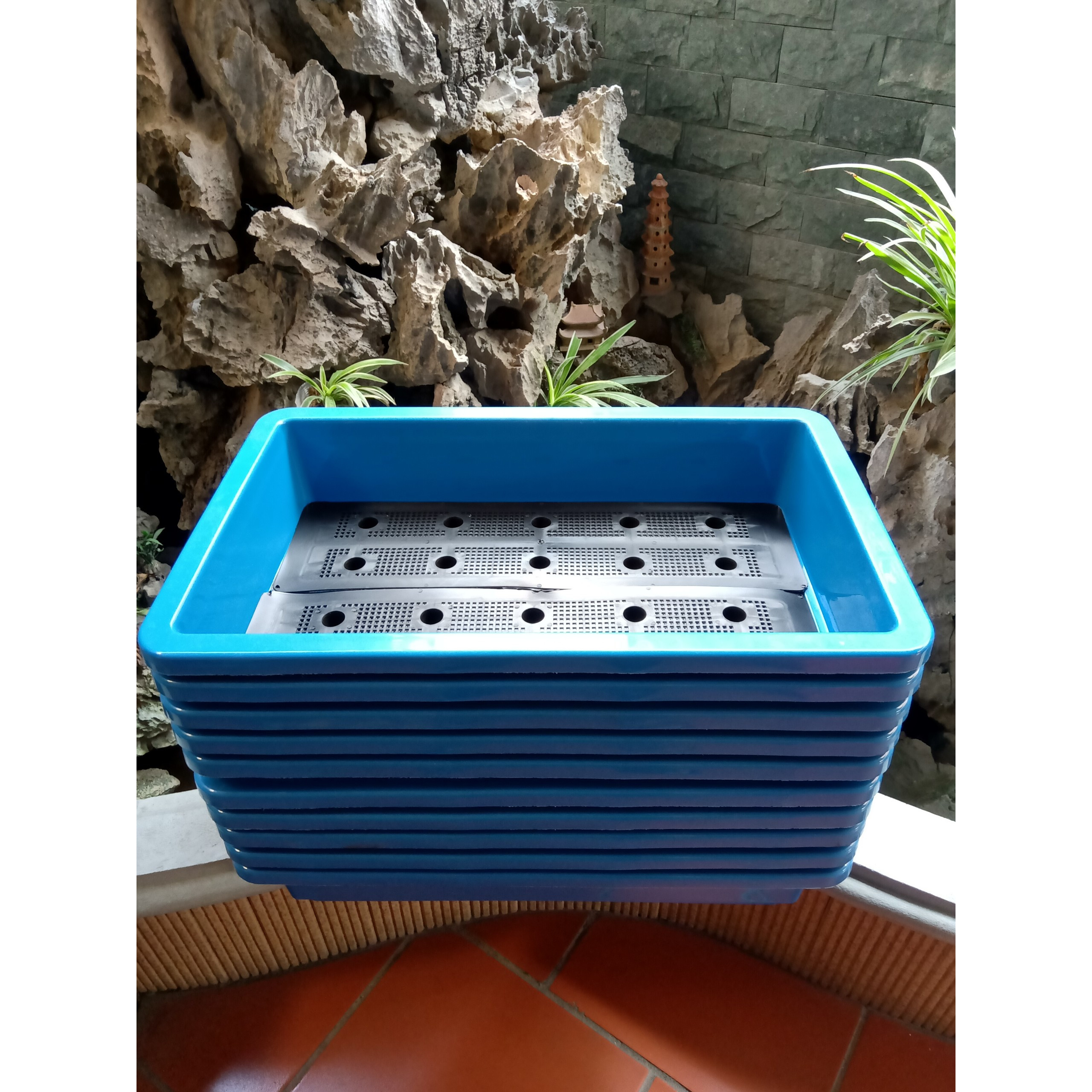 Combo 10 chậu trồng rau thông minh 2 đáy màu xanh 67x43x15 cm