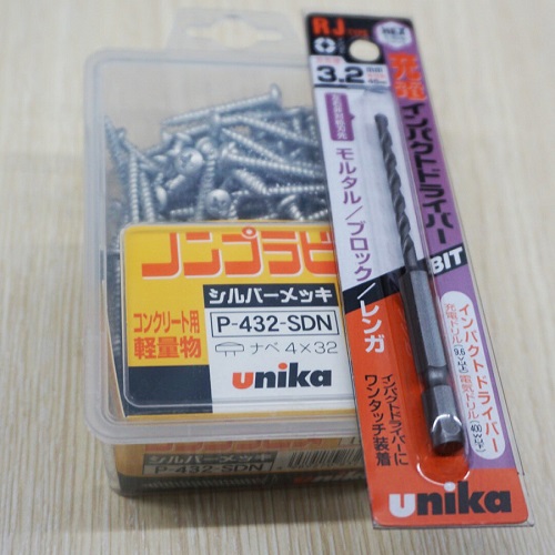 Combo Vít bê tông 4mm đầu dù P432 & Mũi khoan tường 3.2mm đuôi lục giác Unika