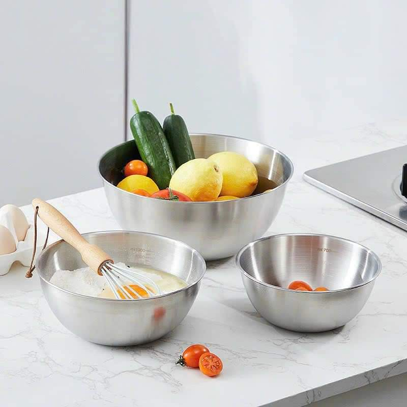 Combo 3 bát to bằng inox sâu lòng có chia vạch bên trong tiện ích chuyên dùng để trộn salad, đánh trứng trộn bột làm bánh, đựng cơm canh đa năng