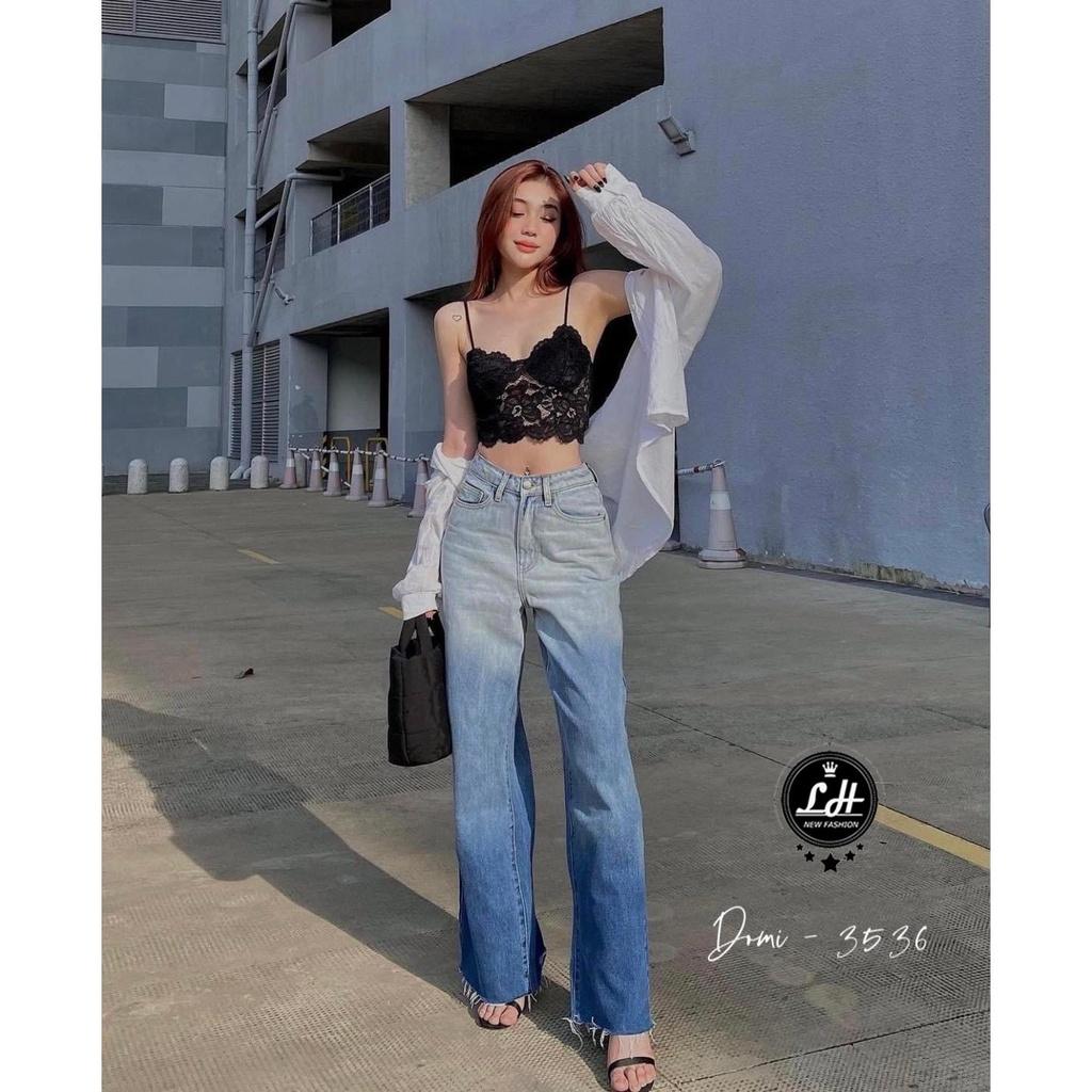 Quần jean nữ ống rộng, quần bò màu xanh loang rách lai tua rua siêu cá tính Lê Huy Fashion MS 3536