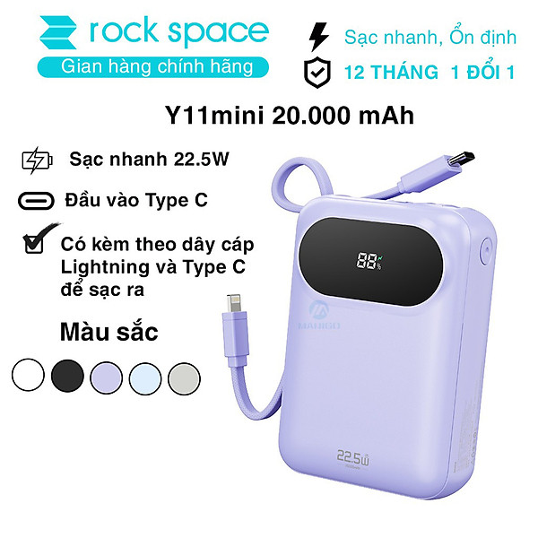 Pin sạc dự phòng mini tích hợp dây sạc Rockspace Y11 sạc nhanh 22.5w dung lương 10000mAh - Hàng chính hãng bảo hành 12 tháng