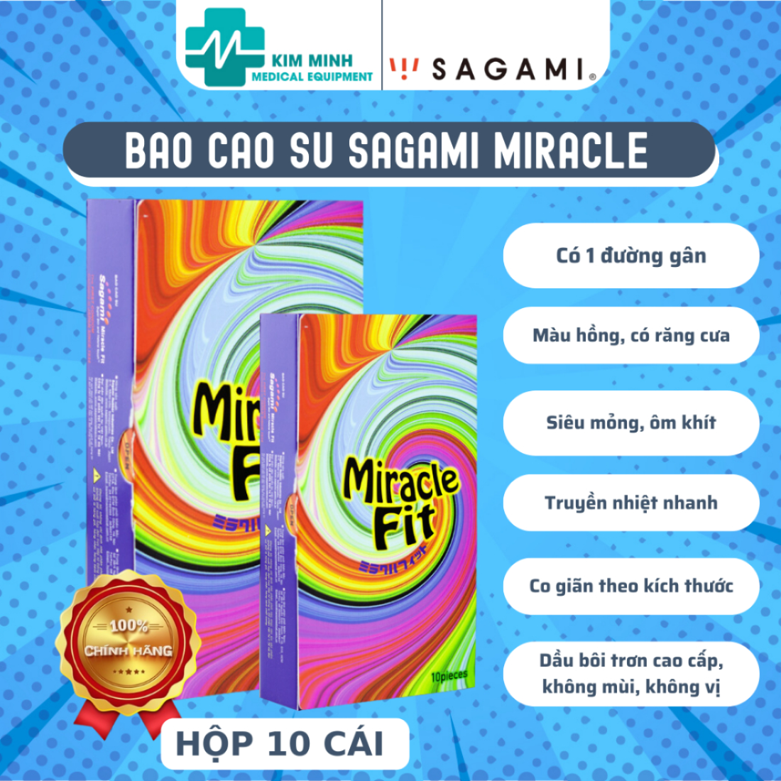 Bao cao su Sagami Miracle size 52mm hộp 5 chiếc, 10 chiếc