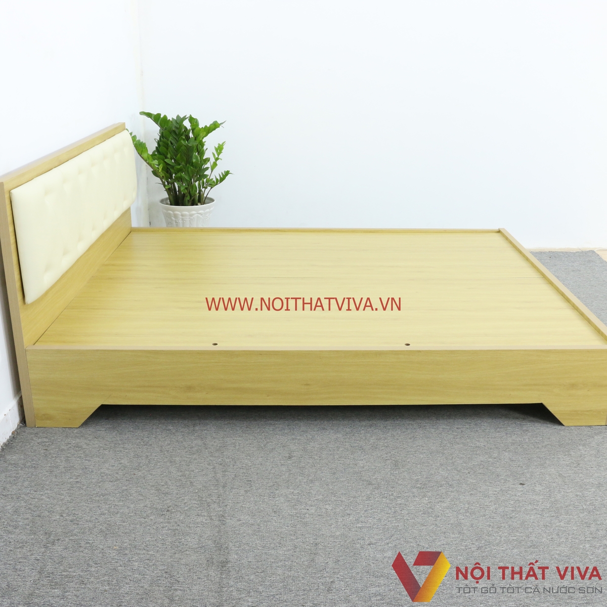 Giường Ngủ Gỗ Mdf Phủ Melamine Bọc Nệm Chân Cao Màu Kem