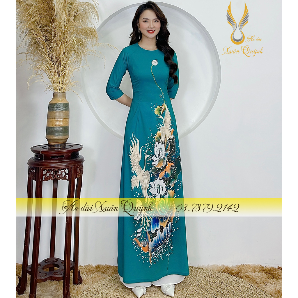 Áo Dài Truyền Thống Hồng Hạc Hoa Sen Chấm Bi Sang Trọng, Lụa Cao Cấp K02 Xanh