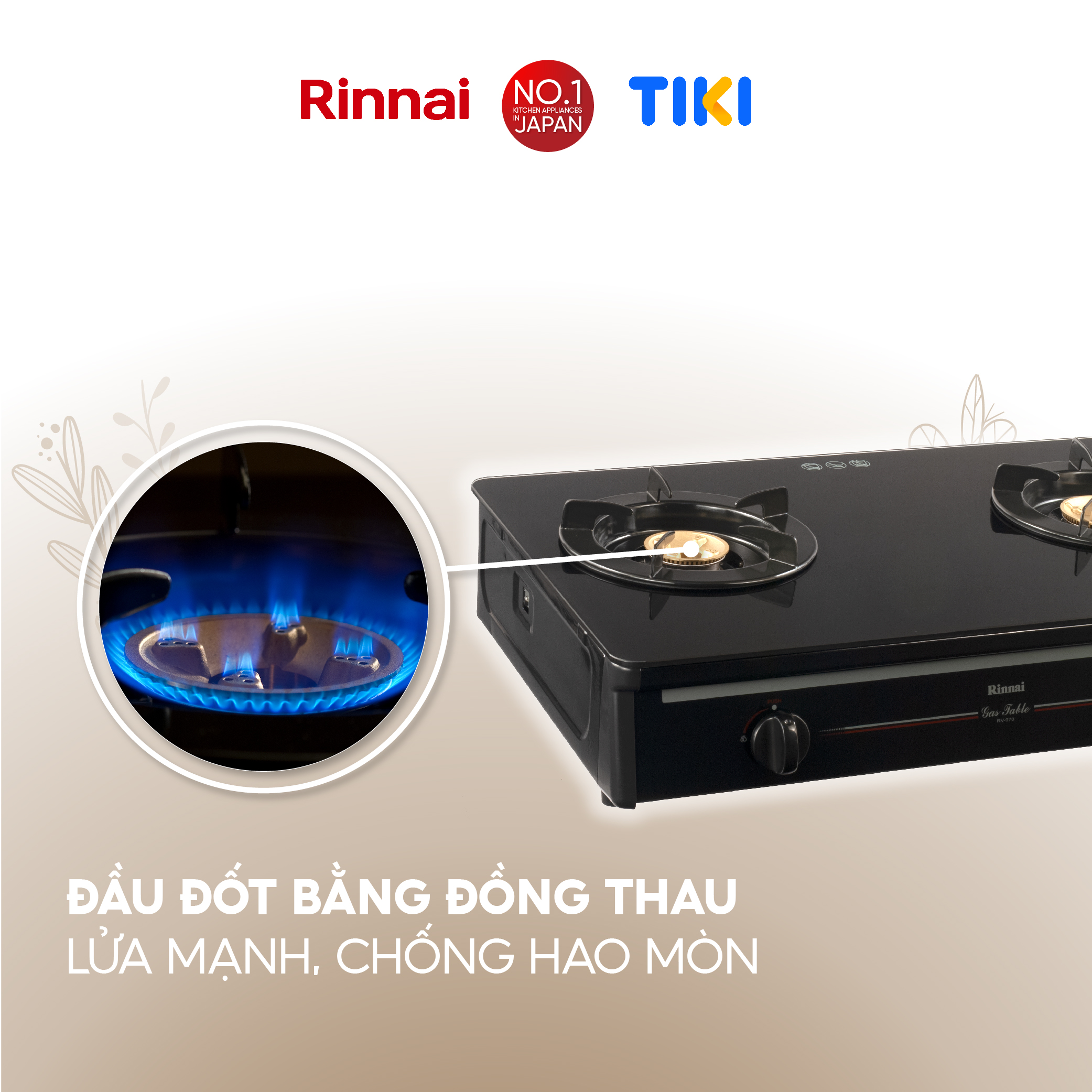 Bếp gas dương Rinnai RV-970(GL) mặt bếp kính và kiềng bếp men - Hàng chính hãng