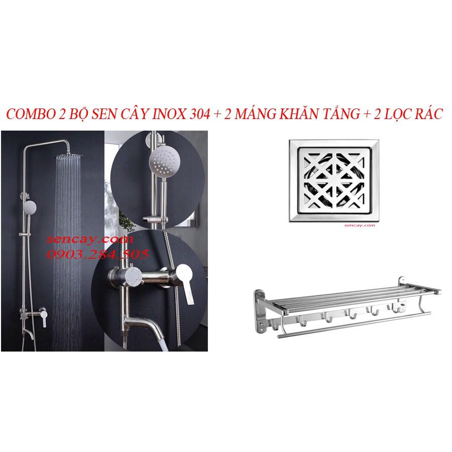 COMBO 2 bộ sen cây inox 304 + 2 Máng khăn tầng + 2 Lọc rác 12x12cm