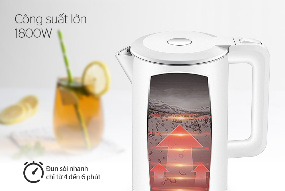 Ấm Siêu Tốc Inox 2 Lớp Cao Cấp Sunhouse SHD1386W 1.8 Lít - Bảo Hành 24 Tháng Toàn Quốc