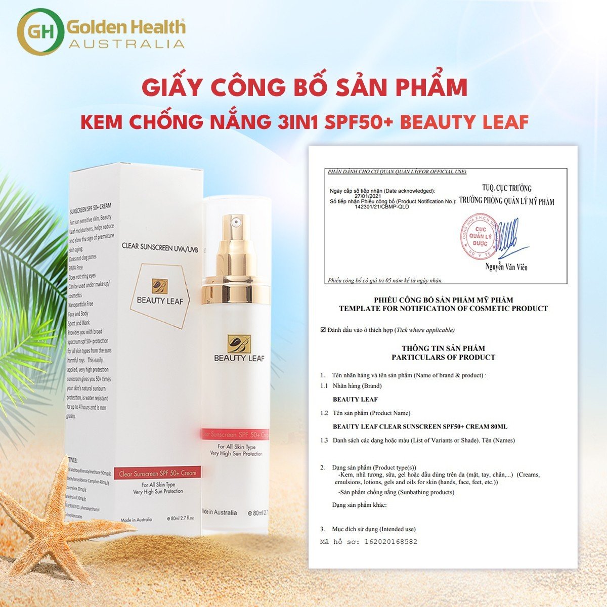 [GOLDEN HEALTH] Kem Chống Nắng Dưỡng Trắng Da, Kháng Nước Beauty Leaf Clear Sunscreen UVA/UVB SPF 50+ (Chai 80ml)