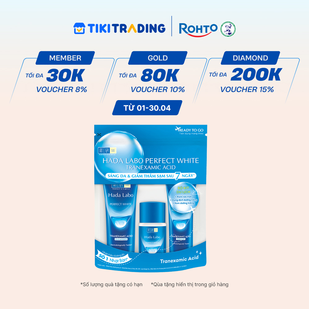 Bộ travel size dưỡng trắng Hada Labo Perfect White Tranexamic Acid Travel Set Kem rửa mặt 15gDung dịch dưỡng 20mlKem dưỡng 12g