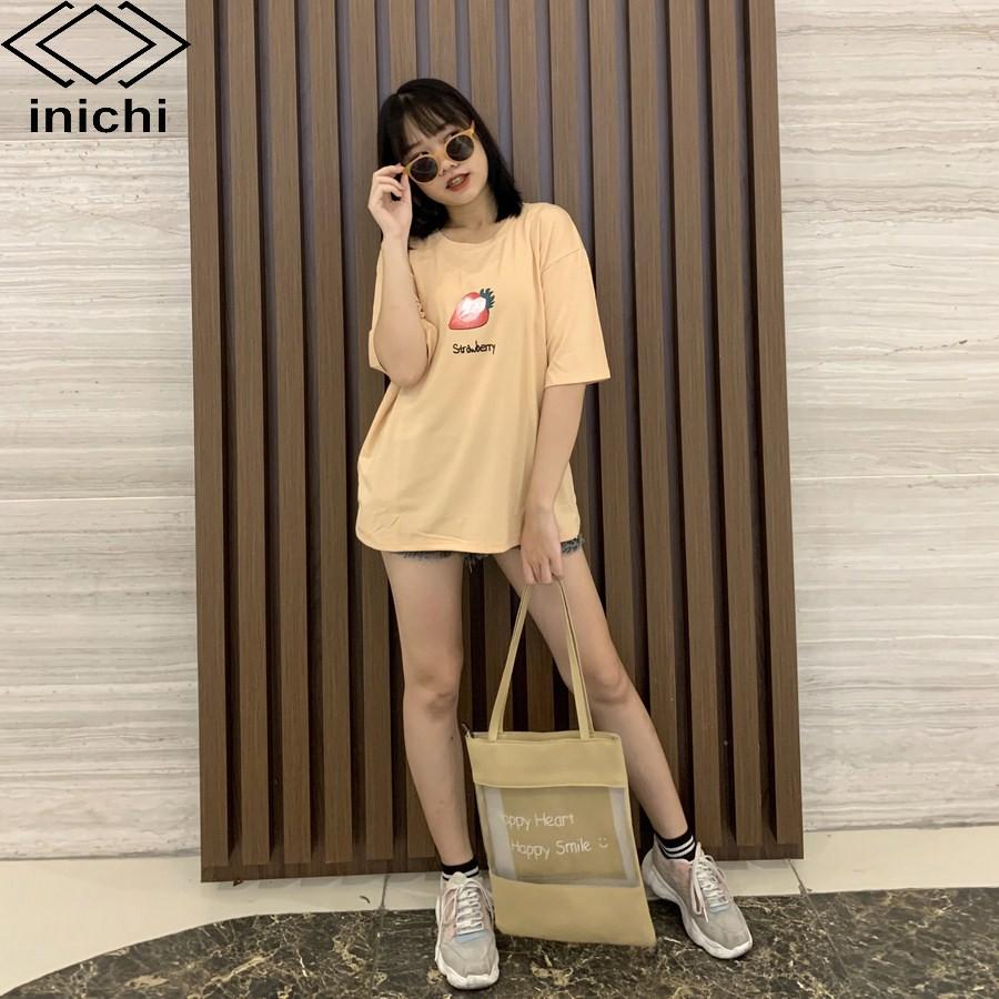 Áo thun INICHI unisex tay lỡ form rộng in hình quả dâu - IC611 màu kem